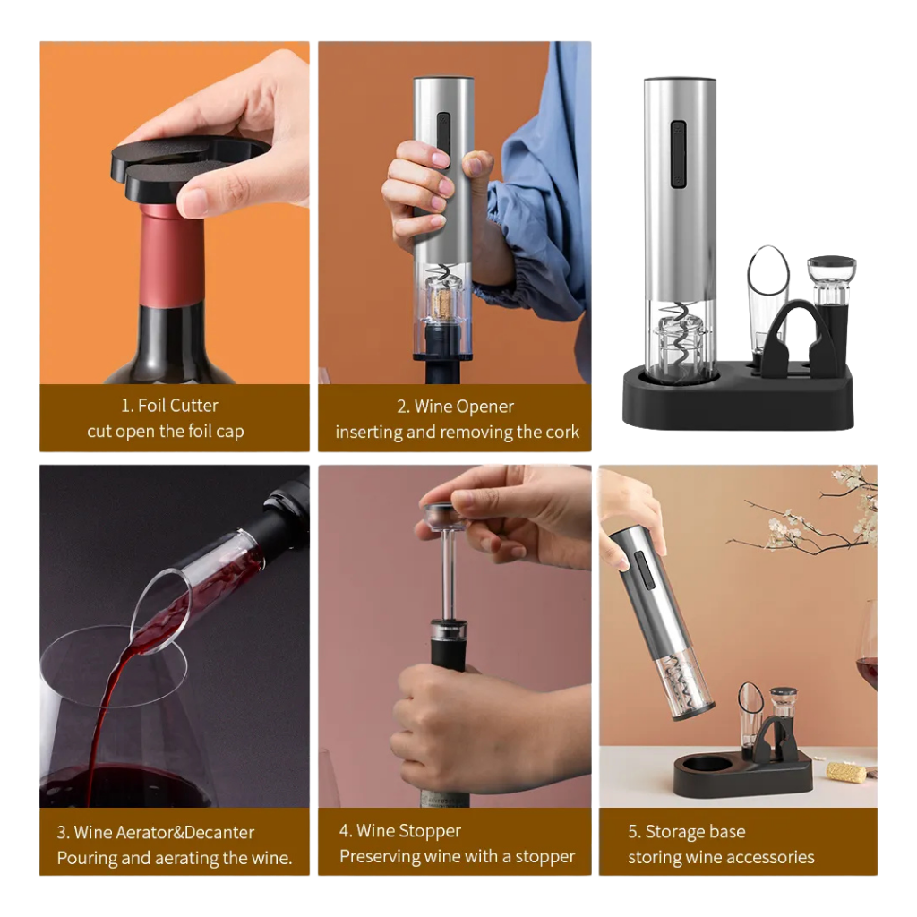 Sacacorchos Eléctrico A Pilas Para Vino Con Accesorios Inox