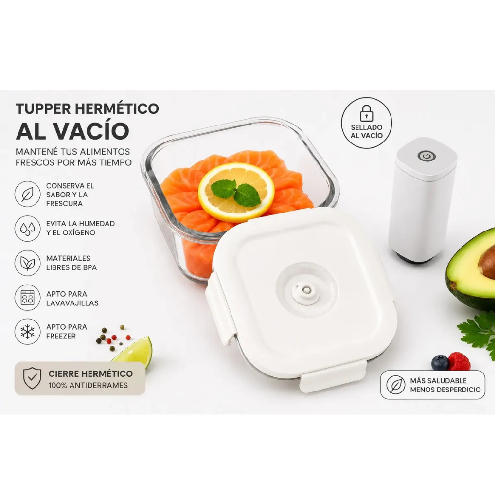 Tupper De Vidrio Con Tapa Al Vacío Rectangular
