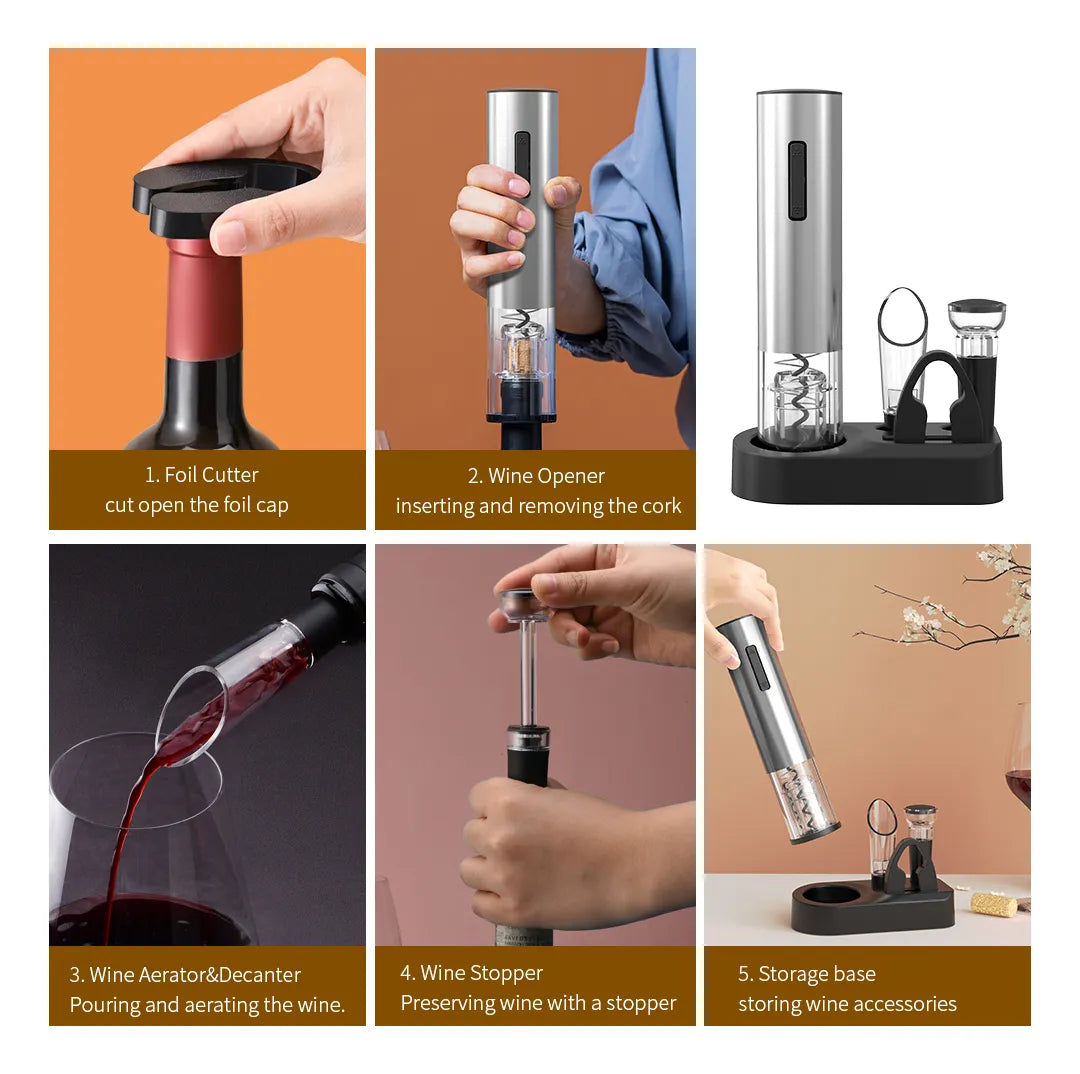 Sacacorchos Eléctrico A Pilas Para Vino Con Accesorios Inox