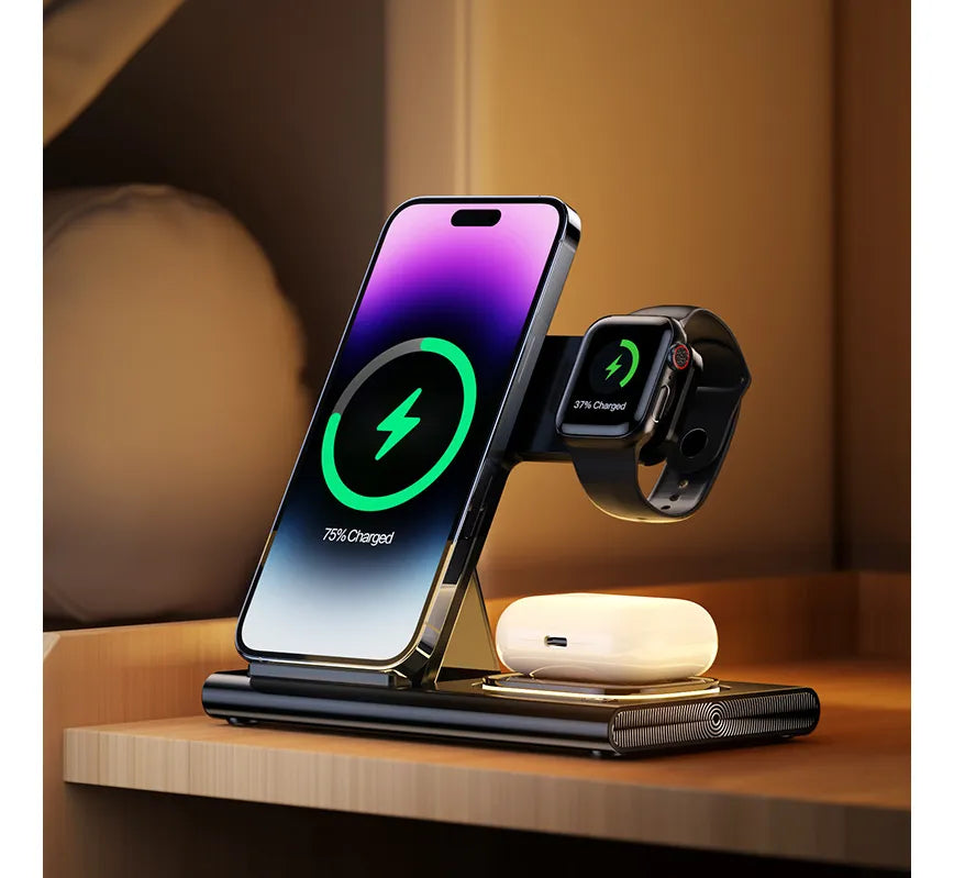 Base Cargador 4 En 1 Magsafe Celular Auriculares Reloj Luz