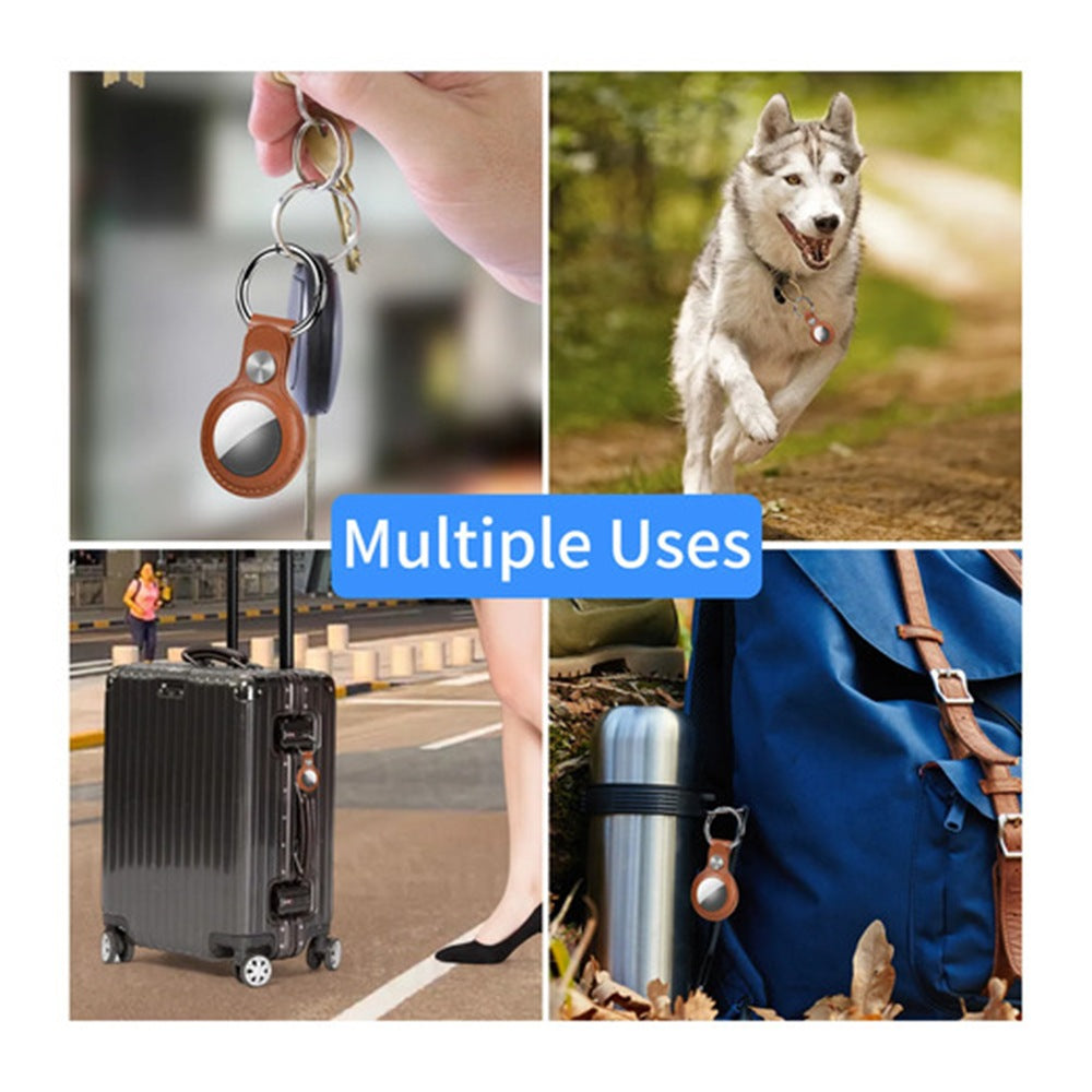 Funda de cuero para AirTag con llavero - usos (foto con modelo marrón)